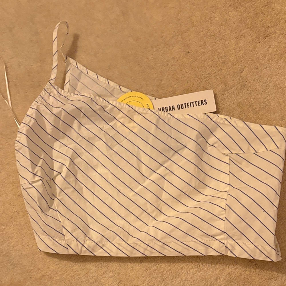 Urban Outfitters White and Blue Striped One-Shoulder Crop Top